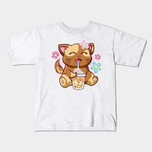 Boba Cat Tea Neko Girl Teen Bubble Kawaii Anime Japanese Kids T-Shirt